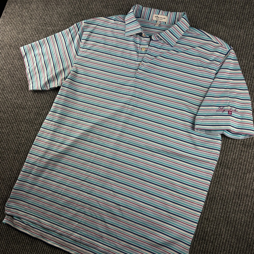 Peter Millar Summer Comfort Mens Large Polo Shirt Striped Blue Purple Golf L